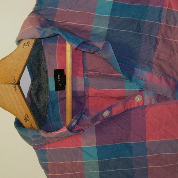 JCrew Size L Colorful Plaid Print Short Sleeve Shirt - Picture 3 of 8